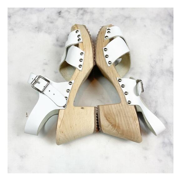 MIA Gertrude White Leather Cross Strap Peep Toe Clog Sandals Wood Heel Sz 39 - Picture 9 of 10